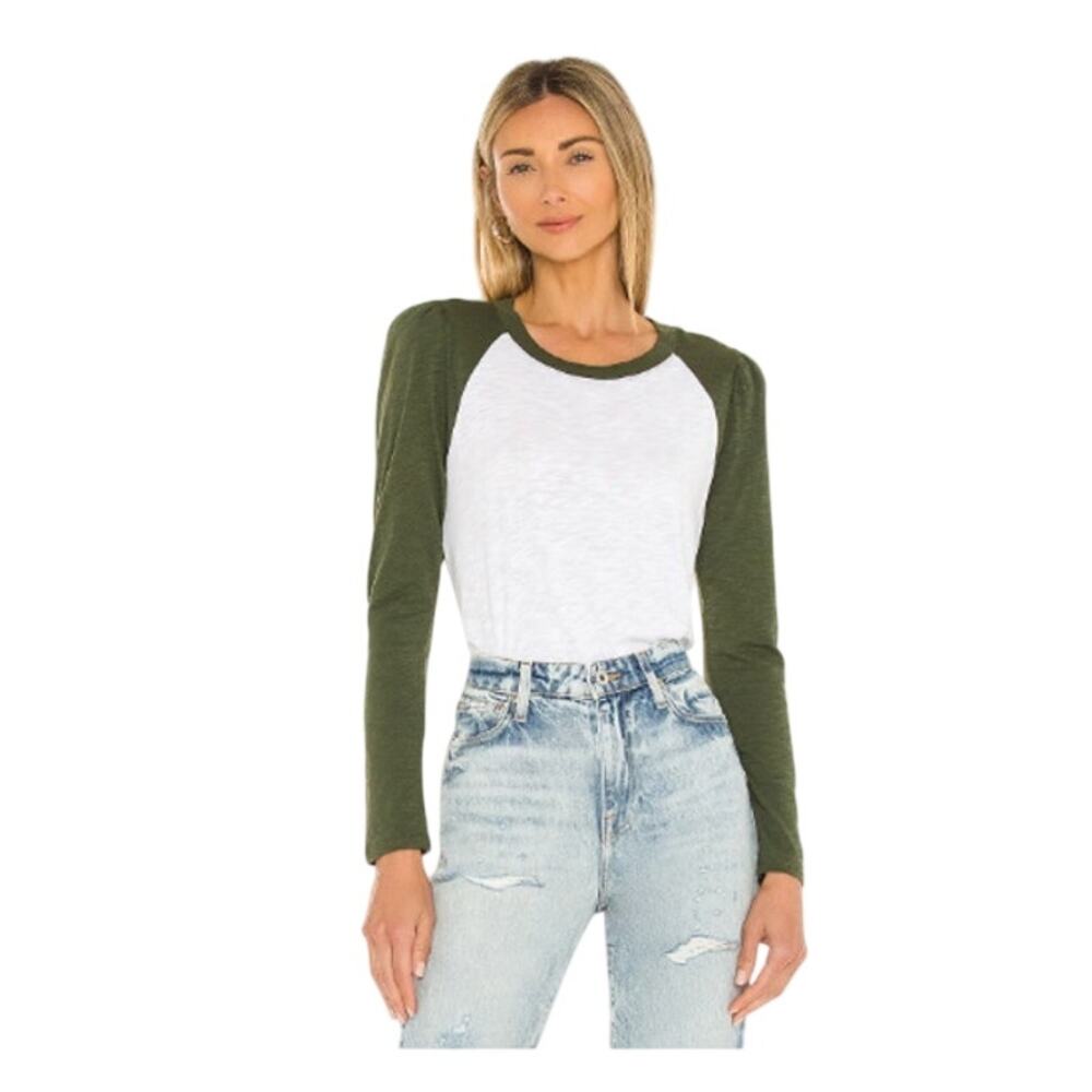 Veronica Beard Mason Baseball Tee White & Army Size XL